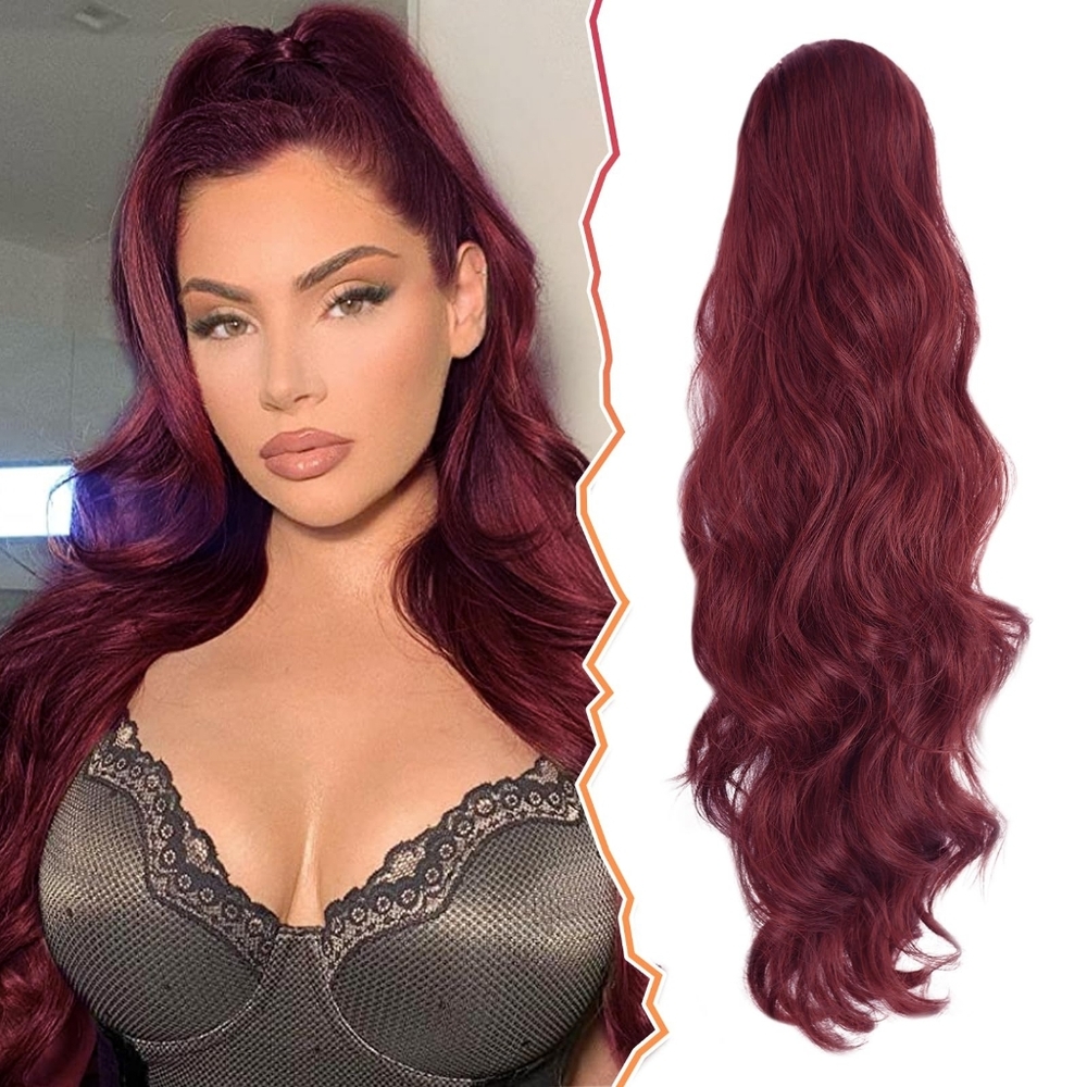 Burgundy Long Ponytail‎ Extension • 26” Wavy Clip-In Drawstring
